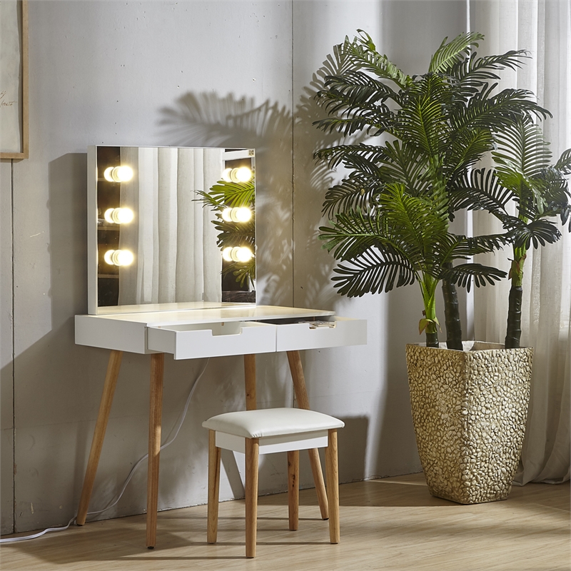 CRO Decor Ciccarelli Solid Wood Vanity with Mirror White Vanity Table With Light