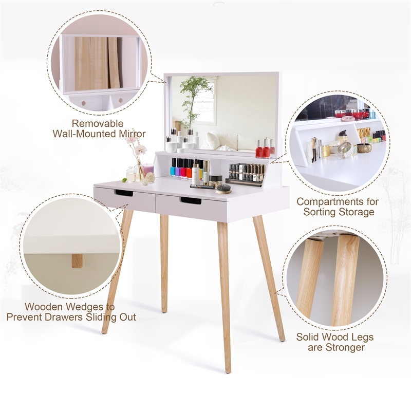 CRO Decor Maximilien Solid Wood 32'' Wide Vanity Table with Mirror-White