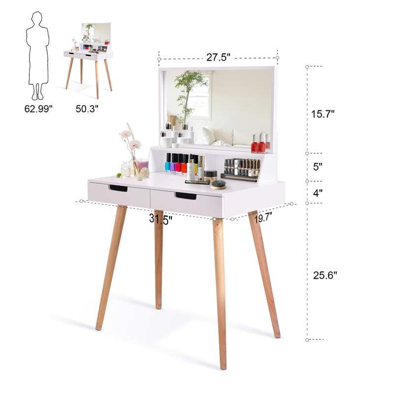CRO Decor Maximilien Solid Wood 32'' Wide Vanity Table with Mirror-White