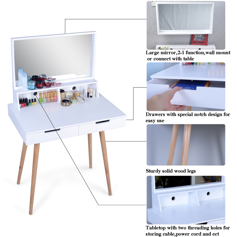 CRO Decor Maximilien Solid Wood 32'' Wide Vanity Table with Mirror-White