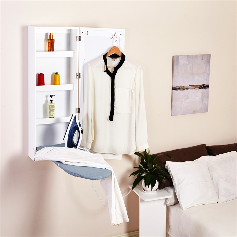 CRO Decor Modern Wood Ironing Board with 4 Storage Cabinets in White