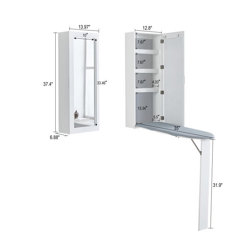 White Wall Mount Ironing Board Center Cabinet with Mirror and Storage Shelves