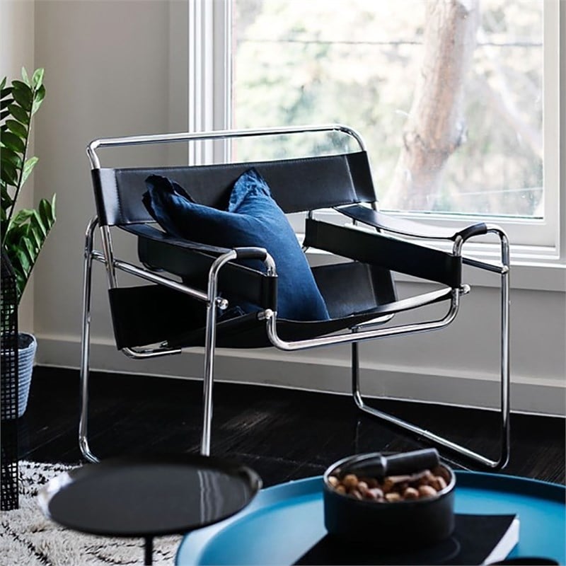 CRO Decor Leather Club Chair Steel Frame Armchair in Black Set of 2