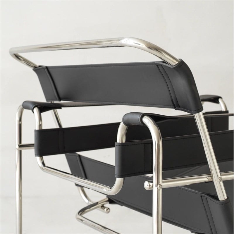 CRO Decor Leather Club Chair Steel Frame Armchair in Black Set of 2
