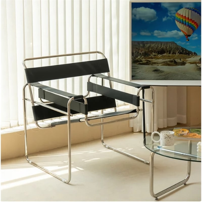 CRO Decor Leather Club Chair Steel Frame Armchair in Black Set of 2