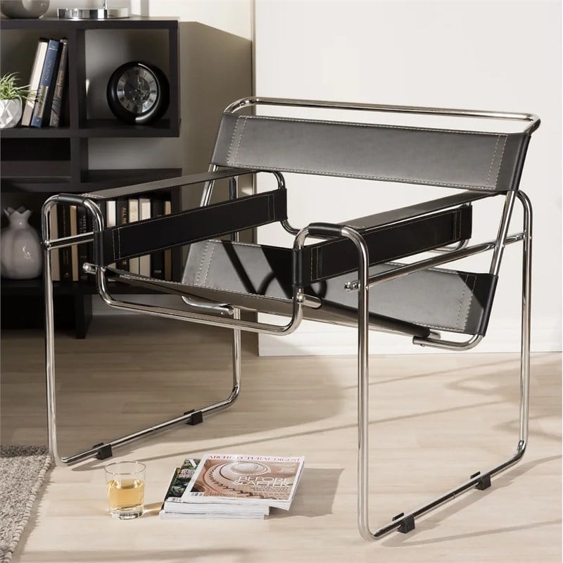 CRO Decor Leather Club Chair Steel Frame Armchair in Black Set of 2