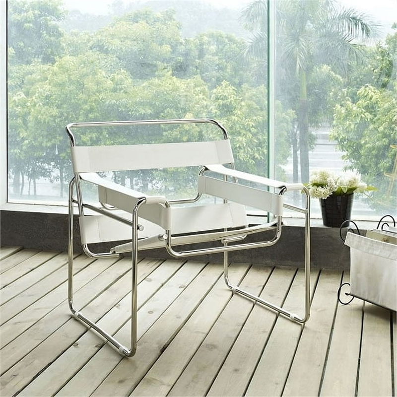 CRO Decor Leather Club Chair Steel Frame Armchair in White Set of 2