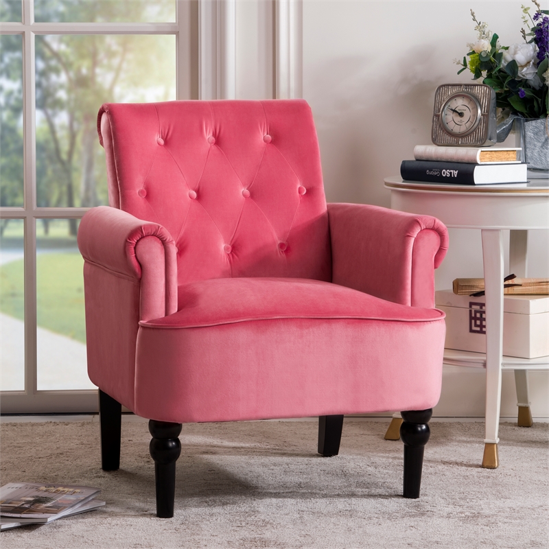 CRO Decor Button Tufted Chair Accent Armchairs Velvet Roll Arm (Rosewood)