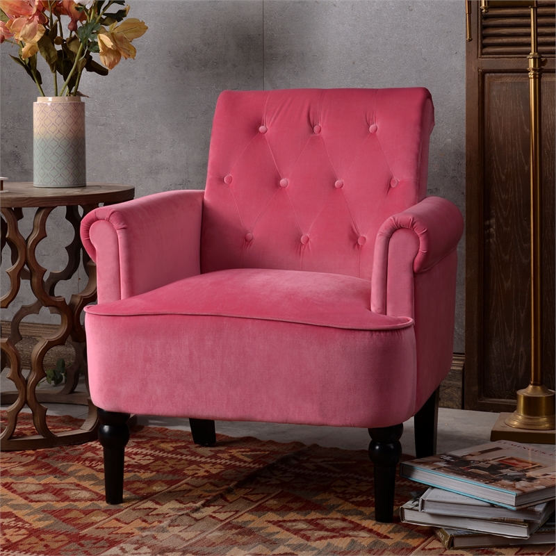CRO Decor Button Tufted Chair Accent Armchairs Velvet Roll Arm (Rosewood)