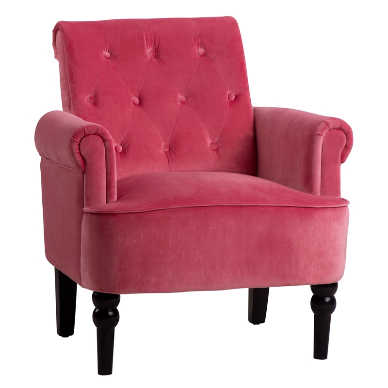 CRO Decor Button Tufted Chair Accent Armchairs Velvet Roll Arm (Rosewood)