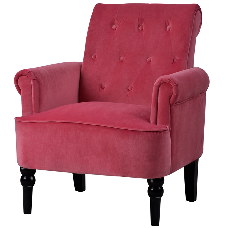 CRO Decor Button Tufted Chair Accent Armchairs Velvet Roll Arm (Rosewood)