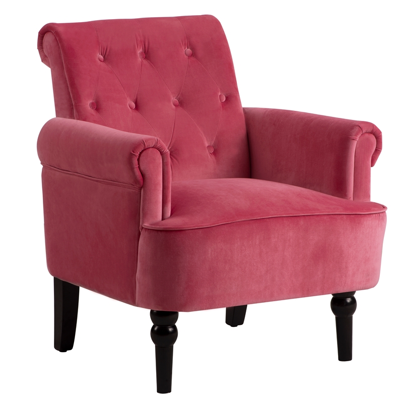 CRO Decor Button Tufted Chair Accent Armchairs Velvet Roll Arm (Rosewood)