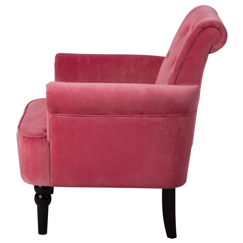 CRO Decor Button Tufted Chair Accent Armchairs Velvet Roll Arm (Rosewood)