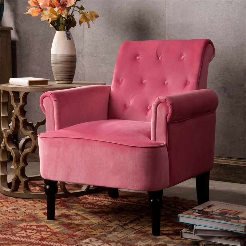 CRO Decor Button Tufted Chair Accent Armchairs Velvet Roll Arm (Rosewood)