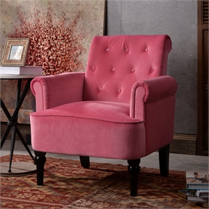 CRO Decor Button Tufted Chair Accent Armchairs Velvet Roll Arm (Rosewood)