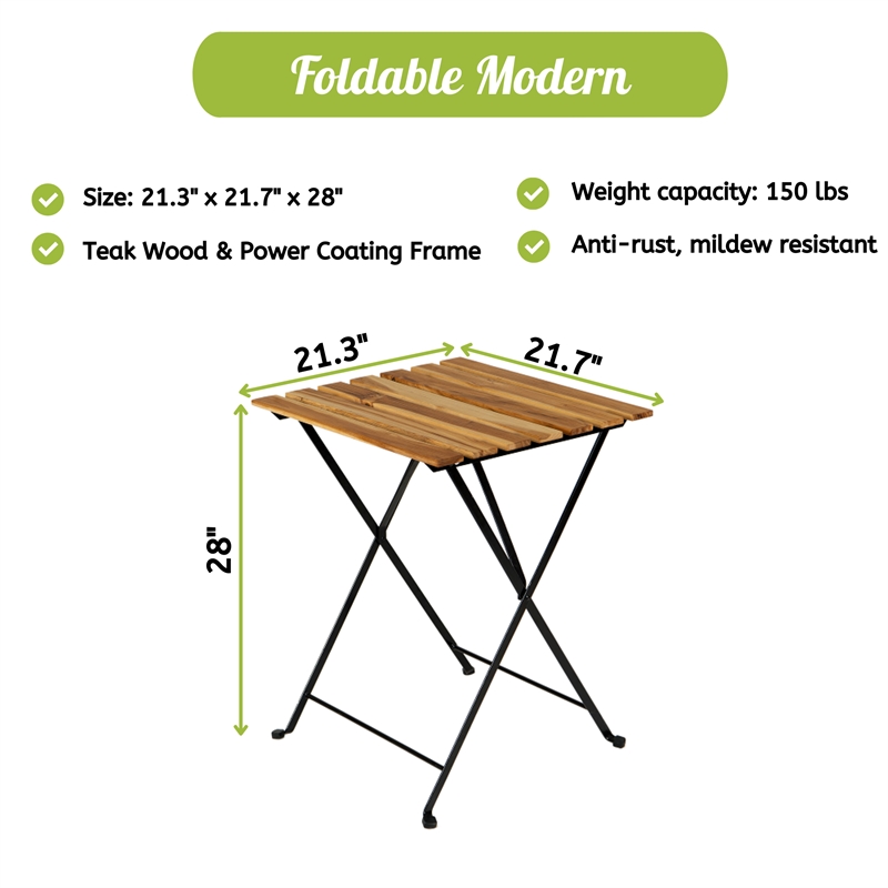 CRO Decor Solid Teak Wood Bistro Set Folding Table and Chair Set