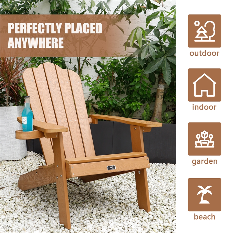 CRO Decor Adirondack Chair with Cup Holder and Fade-Resistant Plastic Wood-Brown