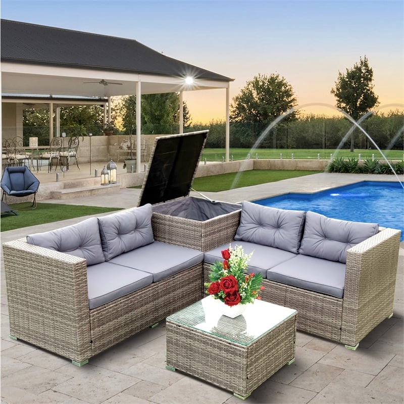 CRO Decor 4pc Patio Wicker Rattan Outdoor Furniture Sofa Set with Storage Box
