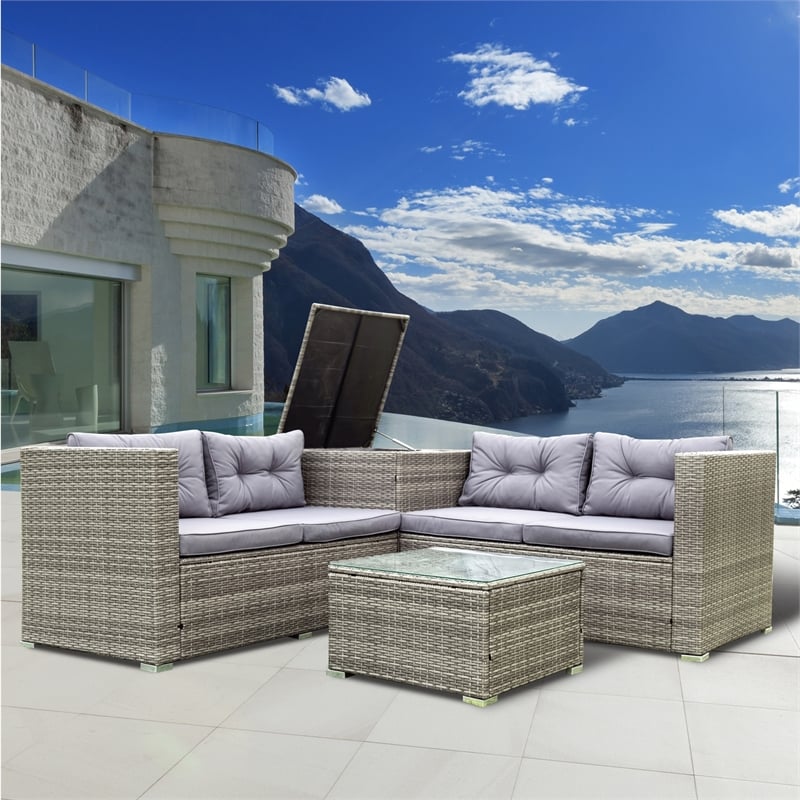 CRO Decor 4pc Patio Wicker Rattan Outdoor Furniture Sofa Set with Storage Box