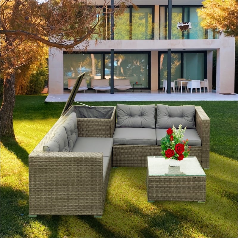 CRO Decor 4pc Patio Wicker Rattan Outdoor Furniture Sofa Set with Storage Box