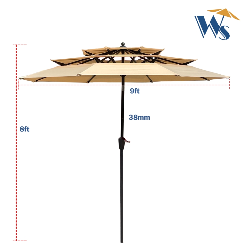 CRO Decor 9Ft 3-Tiers Outdoor Patio Umbrella with Crank and tilt and Wind Vents