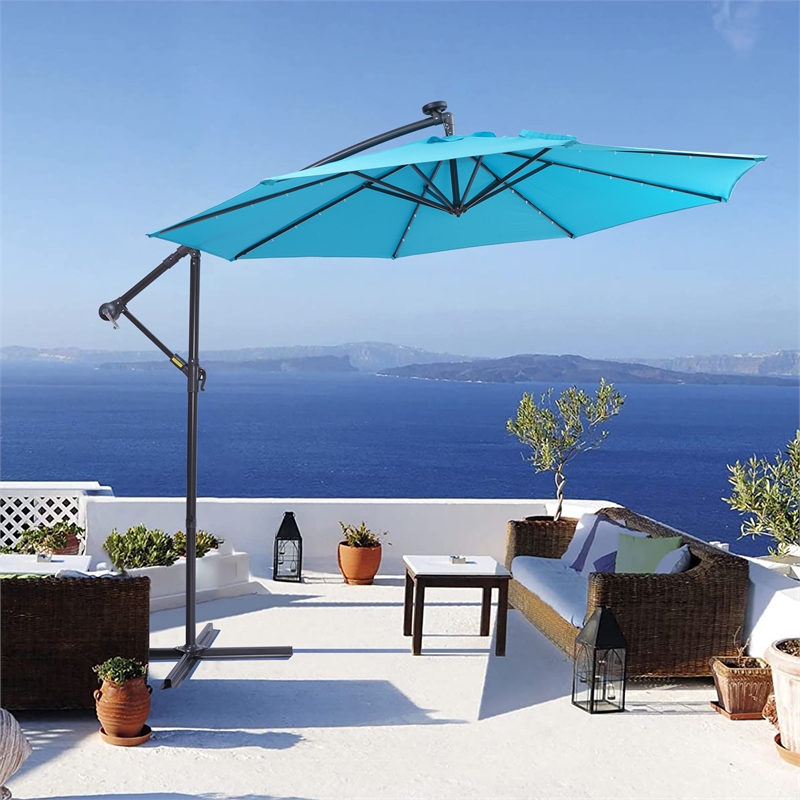 CRO Decor 10FT Solar LED Patio Outdoor Umbrella Hanging Cantilever Umbrella-Blue