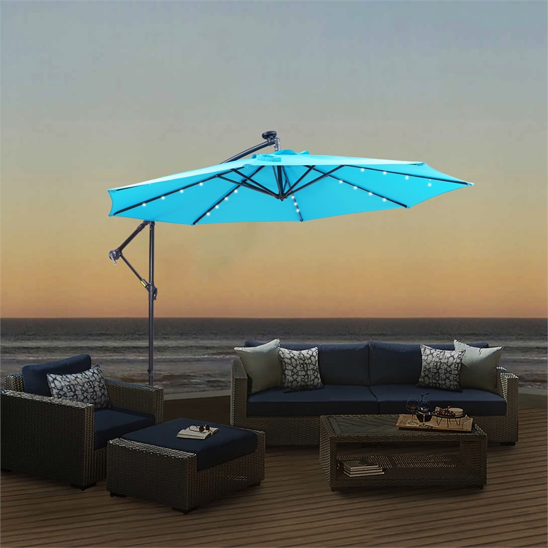 CRO Decor 10FT Solar LED Patio Outdoor Umbrella Hanging Cantilever Umbrella-Blue