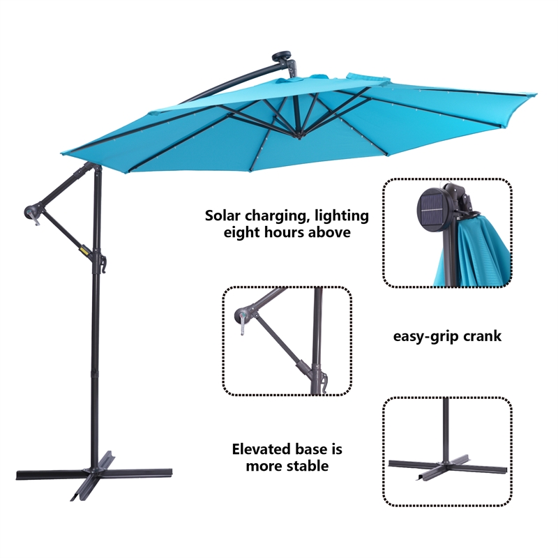 CRO Decor 10FT Solar LED Patio Outdoor Umbrella Hanging Cantilever Umbrella-Blue