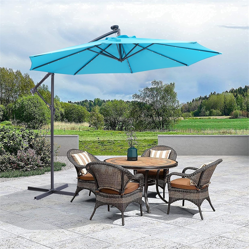 CRO Decor 10FT Solar LED Patio Outdoor Umbrella Hanging Cantilever Umbrella-Blue