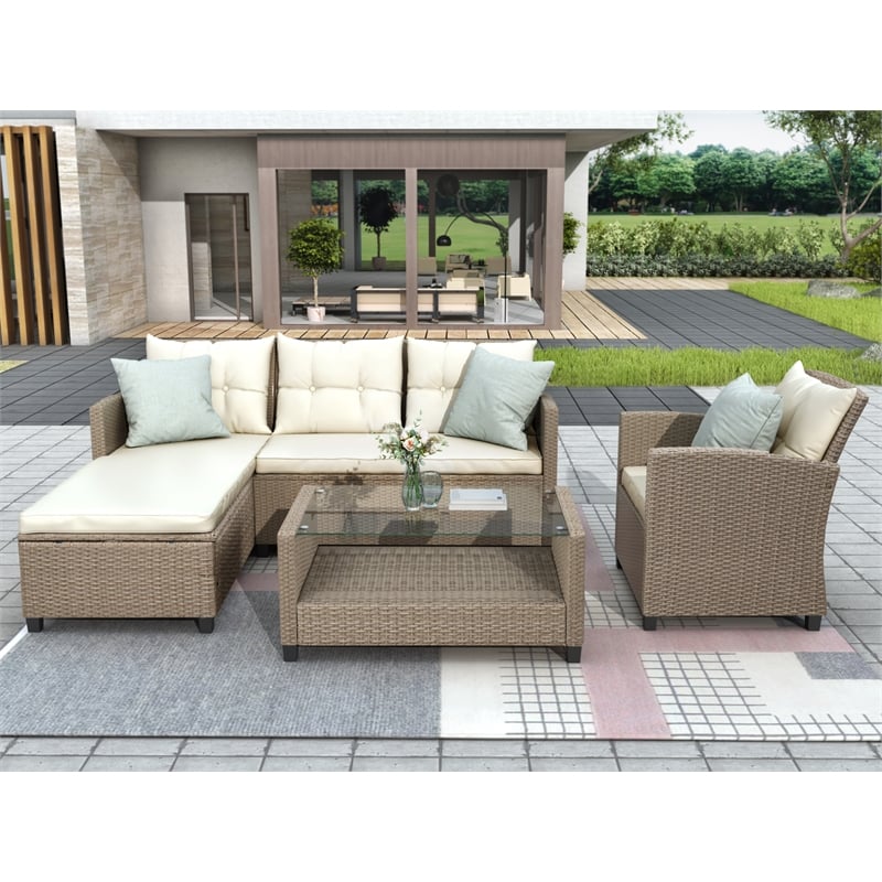 CRO Decor Patio Furniture Sets 4pc Wicker Sectional Sofa with Seat Cushions