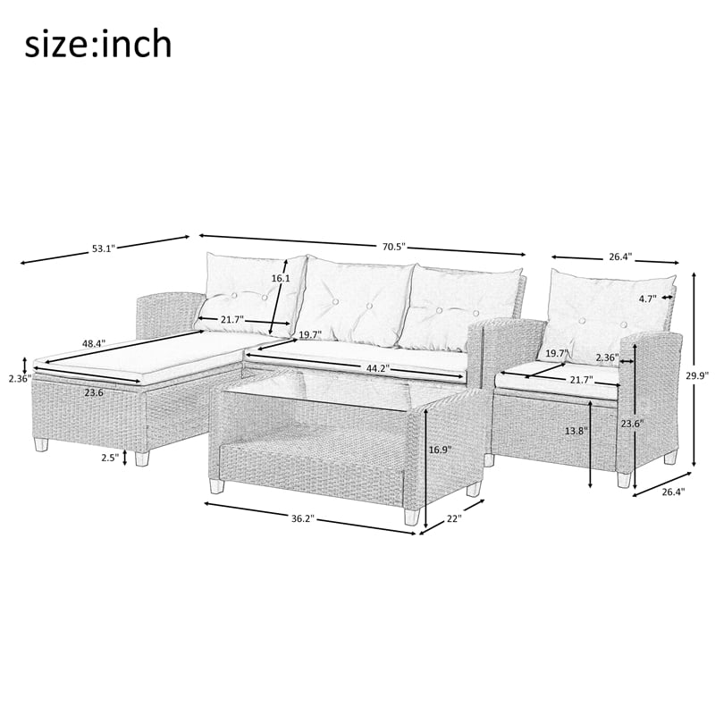 CRO Decor Patio Furniture Sets 4pc Wicker Sectional Sofa with Seat Cushions