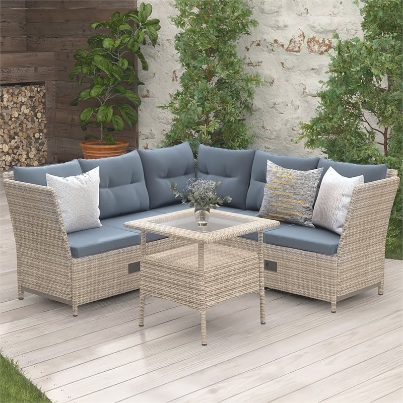 CRO Decor Outdoor Patio 4pc PE Wicker Rattan Sofa Set with Adjustable Backs