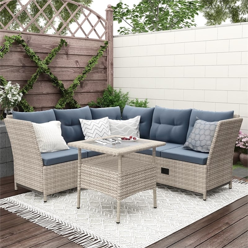 CRO Decor Outdoor Patio 4pc PE Wicker Rattan Sofa Set with Adjustable Backs