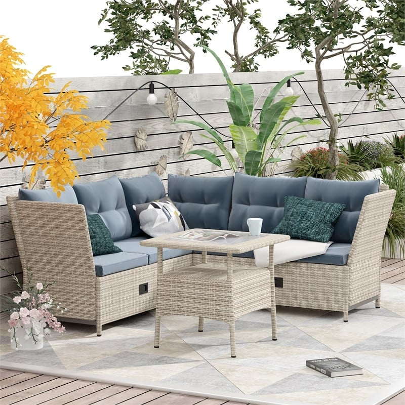 CRO Decor Outdoor Patio 4pc PE Wicker Rattan Sofa Set with Adjustable Backs
