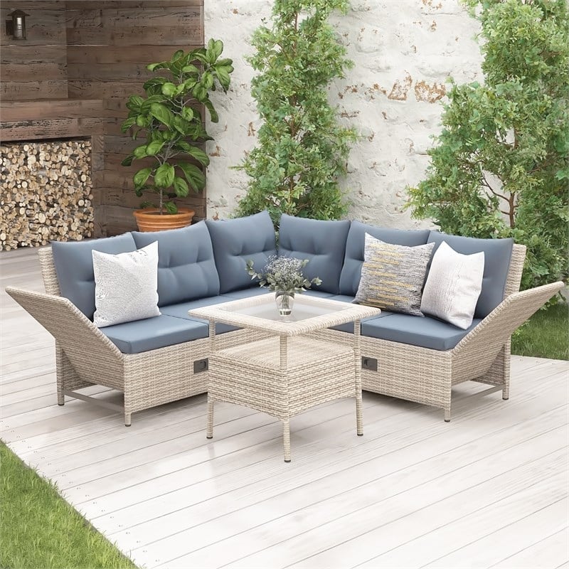 CRO Decor Outdoor Patio 4pc PE Wicker Rattan Sofa Set with Adjustable Backs