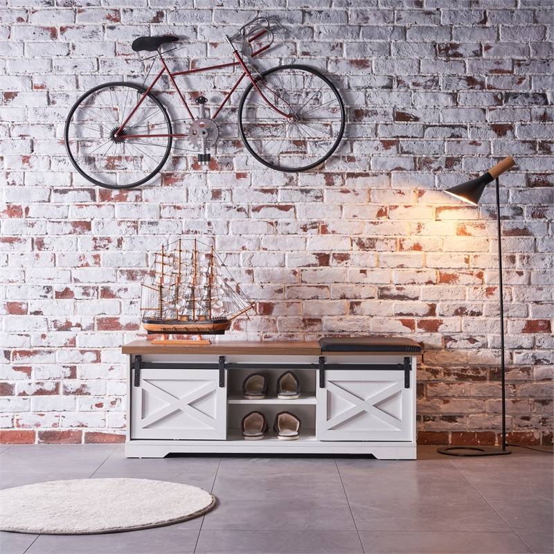 CRO Decor 47' Sliding X Barn Door Litterbox Bench with Entry Cutout Shoe Bench