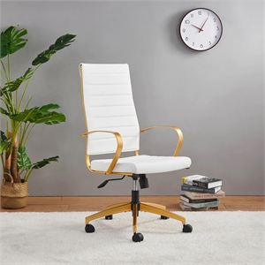 CRO Decor Gold Desk Chair in White Leather High Back Office Chair with Armrest
