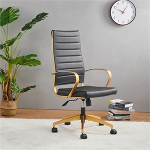 CRO Decor Gold  Desk Chair in Black Leather High Back Office Chair with Armrest