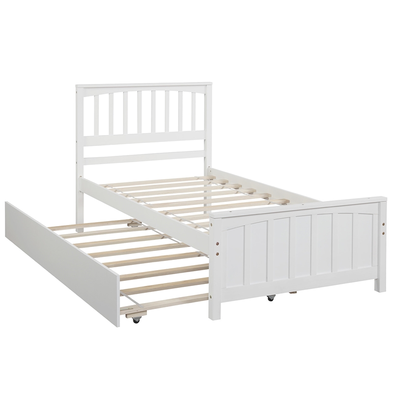 CRO Decor Wood Twin size Platform Bed with Trundle (White)