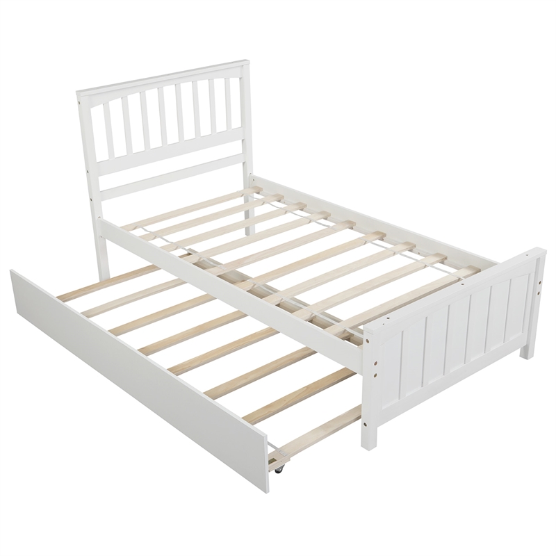 CRO Decor Wood Twin size Platform Bed with Trundle (White)