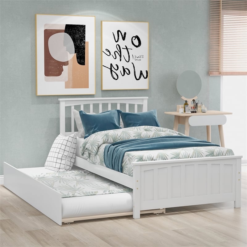 CRO Decor Wood Twin size Platform Bed with Trundle (White)