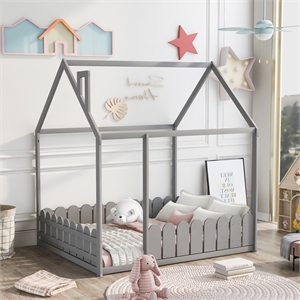 cro decor full size wood bed house bed frame with fence for kids teens(gray )