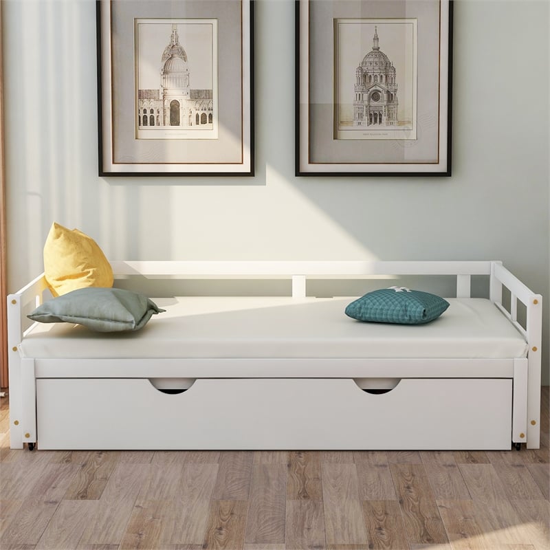 CRO Decor Extending Daybed with Trundle Wooden Daybed with Trundle (White)
