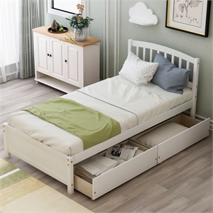CRO Decor Twin Platform Storage Wood Bed with 2 Drawers and Headboard (White)
