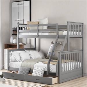 cro decor twin-over-full bunk bed with ladders and two storage drawers (gray)