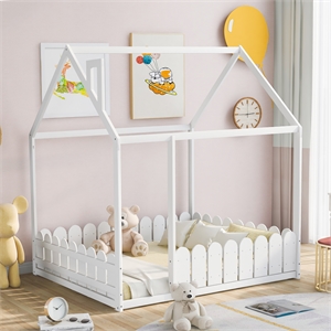 cro decor full size wood bed house bed frame with fence for kids teens (white )
