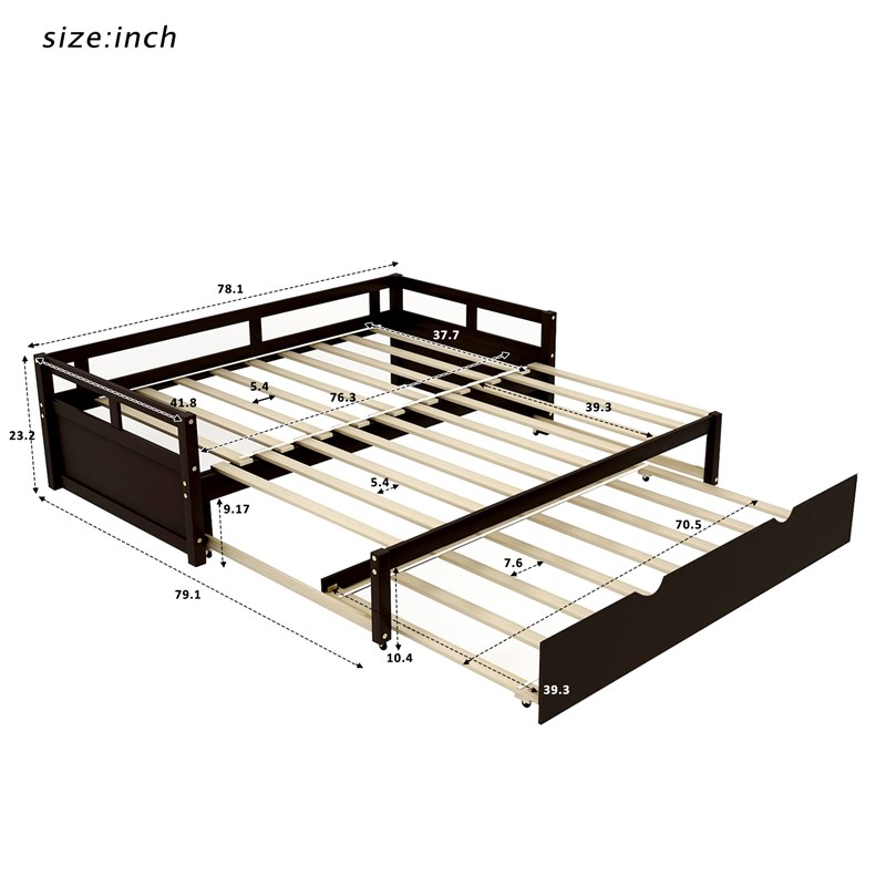 CRO Decor Extending Daybed with Trundle Wooden Daybed with Trundle (Espresso)