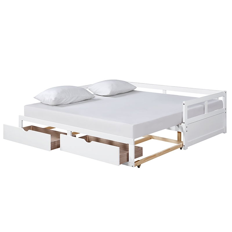 CRO Decor Wooden Daybed with Trundle and 2 Storage Drawers Extendable Bed Daybed