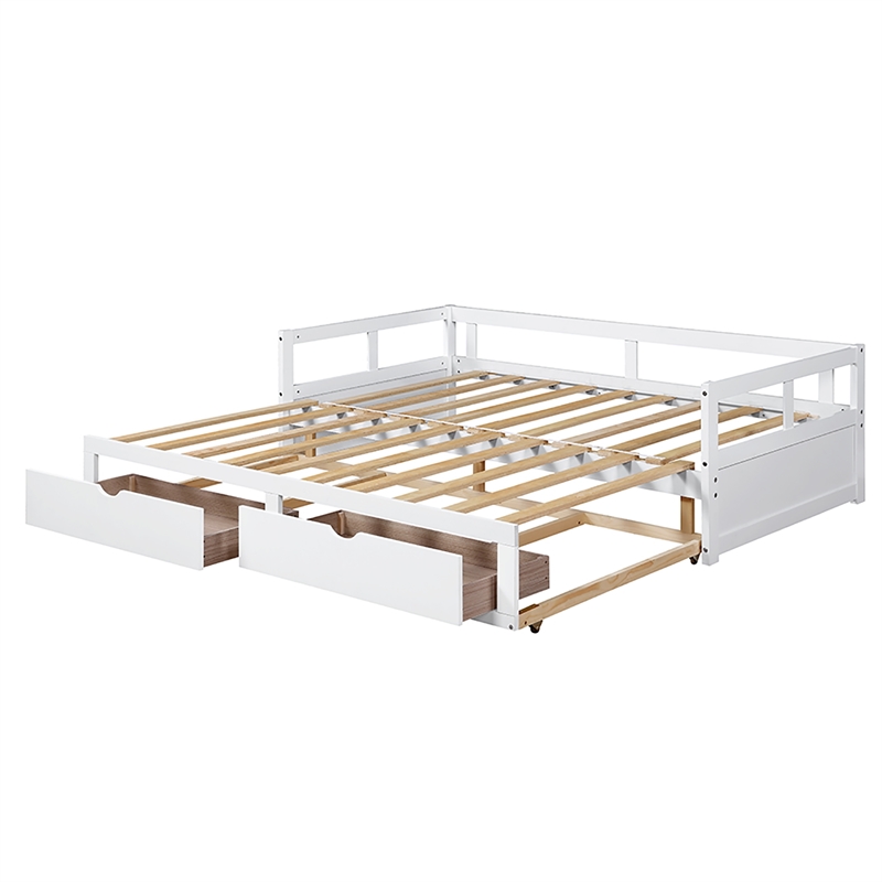 CRO Decor Wooden Daybed with Trundle and 2 Storage Drawers Extendable Bed Daybed