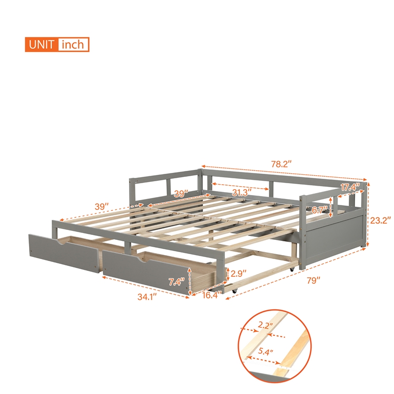 CRO Decor Wooden Daybed with Trundle and 2 Storage Drawers Extendable (Gray)